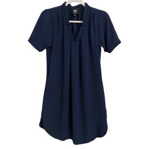 Bobeau Small Petite Navy Blue V Neck Pleated Round Hem Tunic Dress Nautical Boho